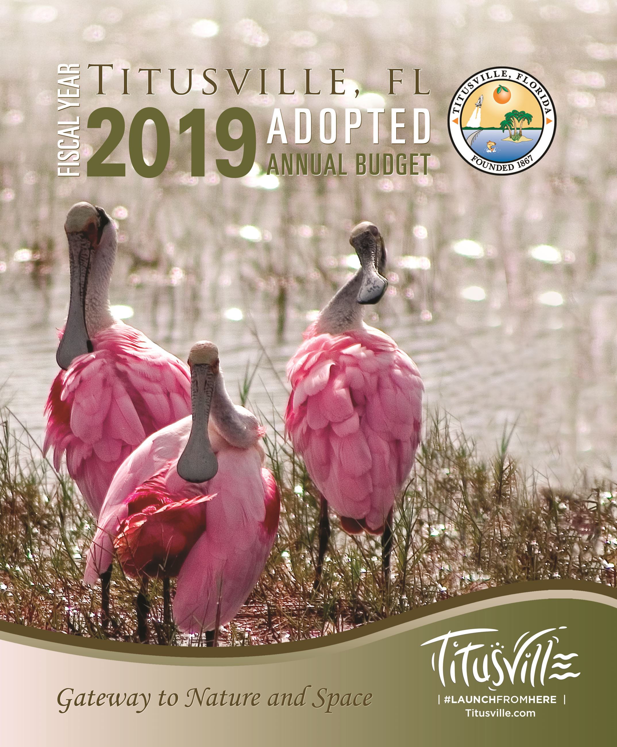 Cover Page Image: Three pink spoonbill birds wading in shallow water, with the City of Titusville Seal superimposed in the top right corner. Text: Titusville, Florida, Fiscal Year 2019 Adopted Annual Budget,  Gateway to Nature and Space,   Titusville Logotype, hashtag Launch from here, Titusville.com