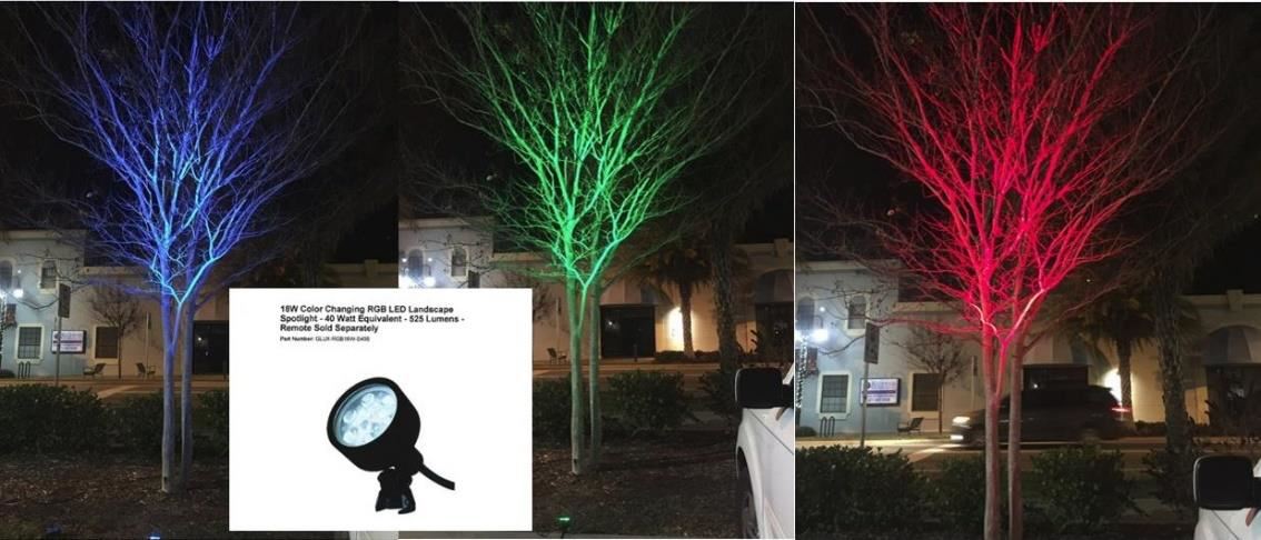 Photo collage showing landscaping lights shining on a tree in blue, green, and red; an inset photo of a light fixture.
