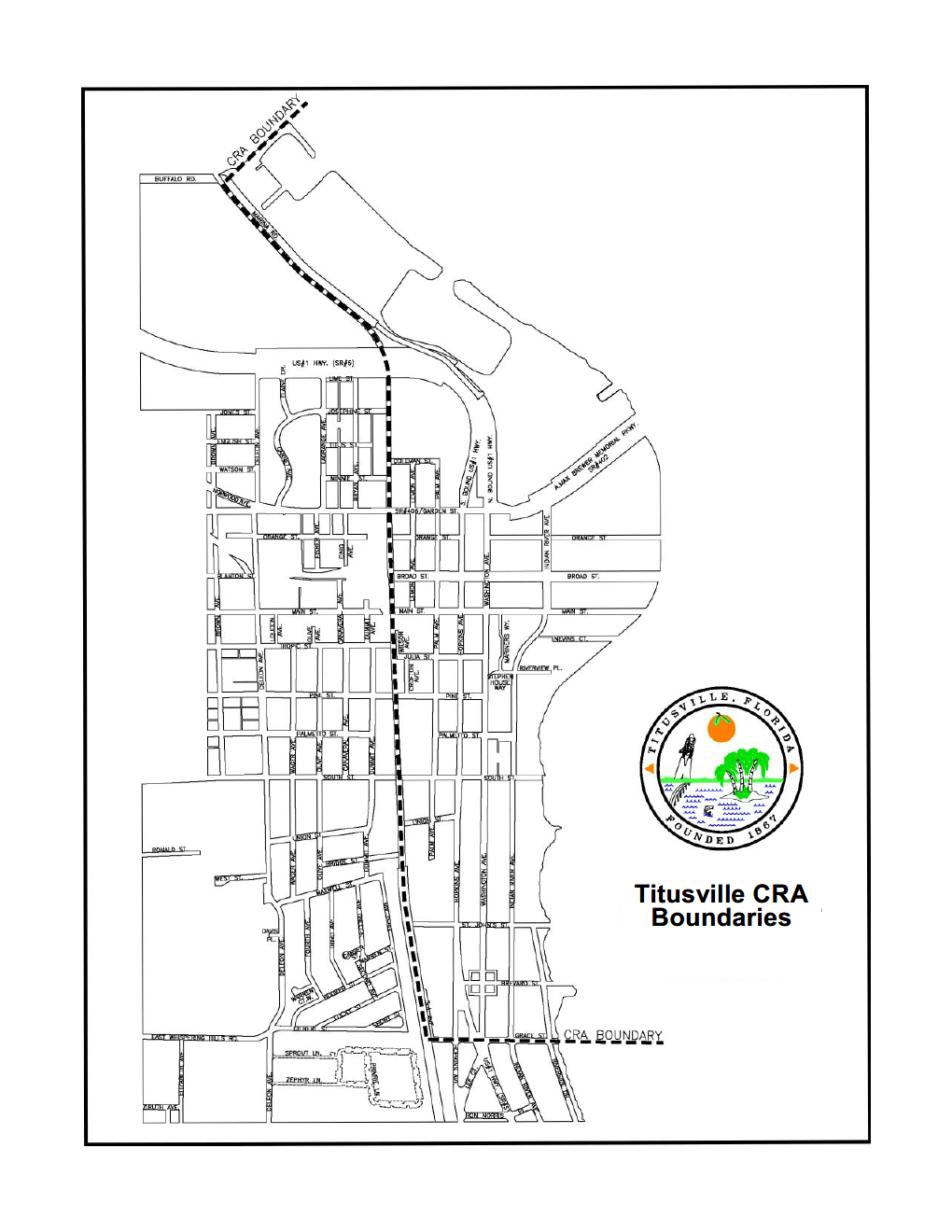 A map showing the boundaries of Titusville's CRA District; 