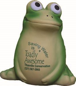 frog stress reliever imprinted with saving water is toadly awesome