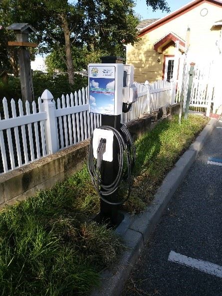 Photo of an electric vehicle charging station in a parking lot.