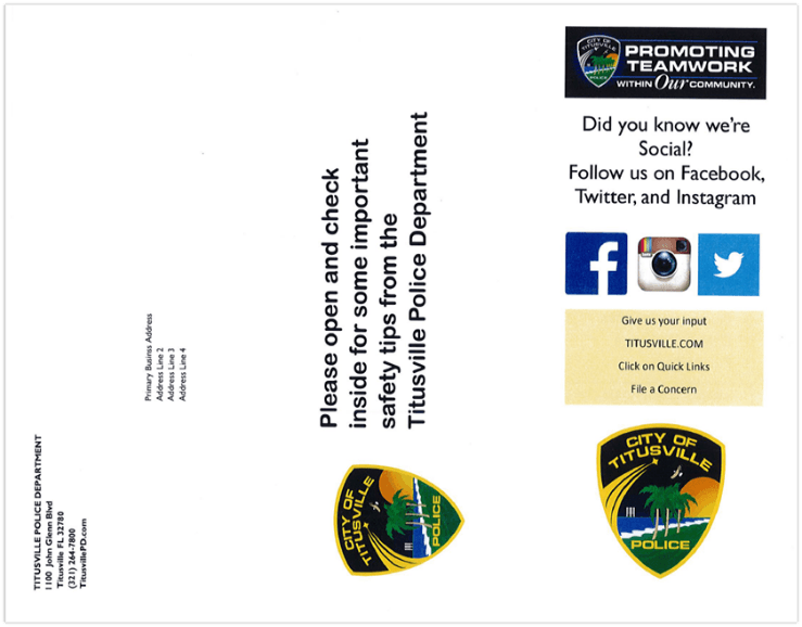 Decorative image showing a mailer that was produced by Titusville Police Department